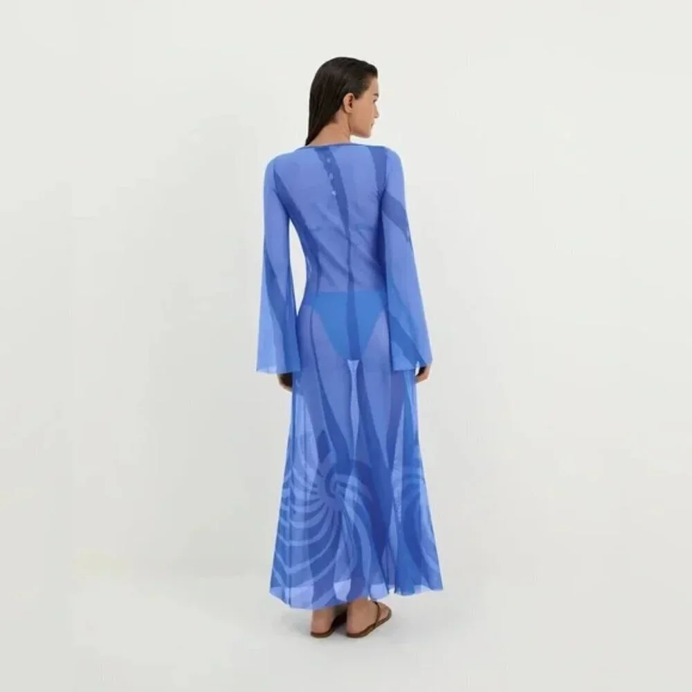 New Caroline Constas Blue Long Tunic Kaftan Beach Swim Cover-Up XS NWT